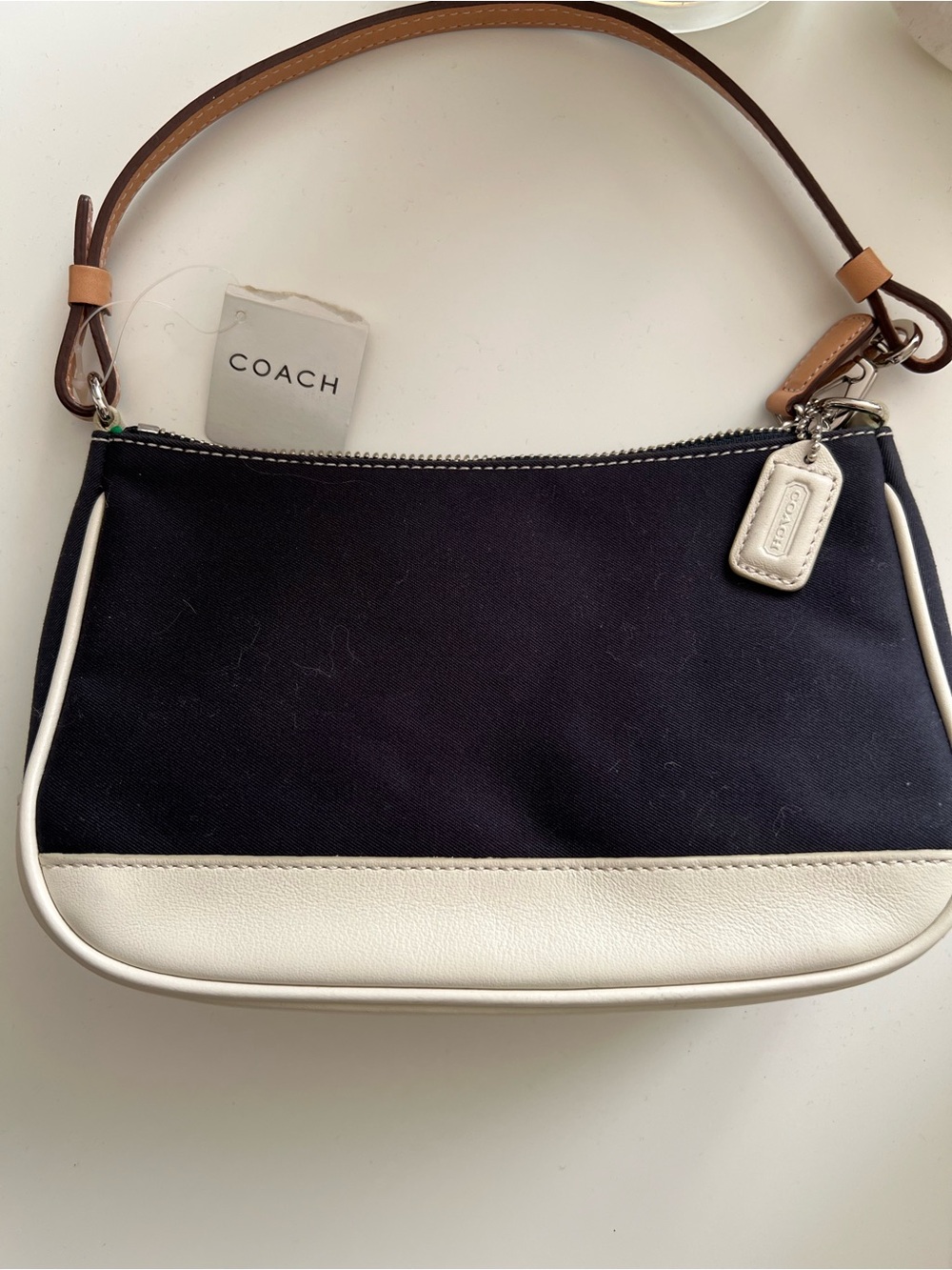 Coach Vintage Canvas Bag with Blue White Trim and Tan Strap
